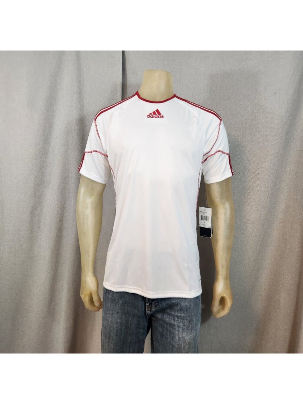 Adidas White w Red Striped Crew Neck Short Slv Soccer Jersey Shirt Top LARGE NEW